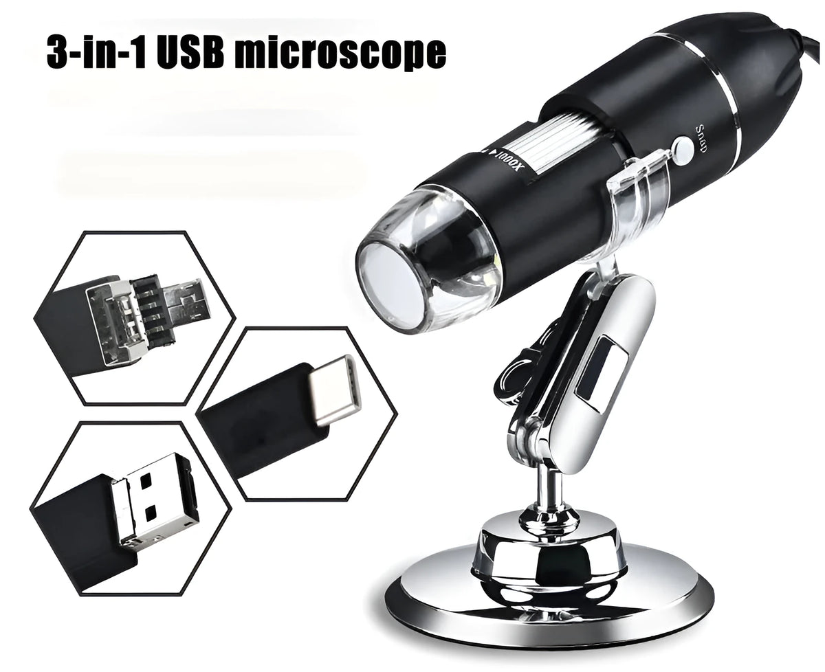 Black portable USB digital microscope with 1000x magnification, 0.3MP HD resolution and eight LED lights