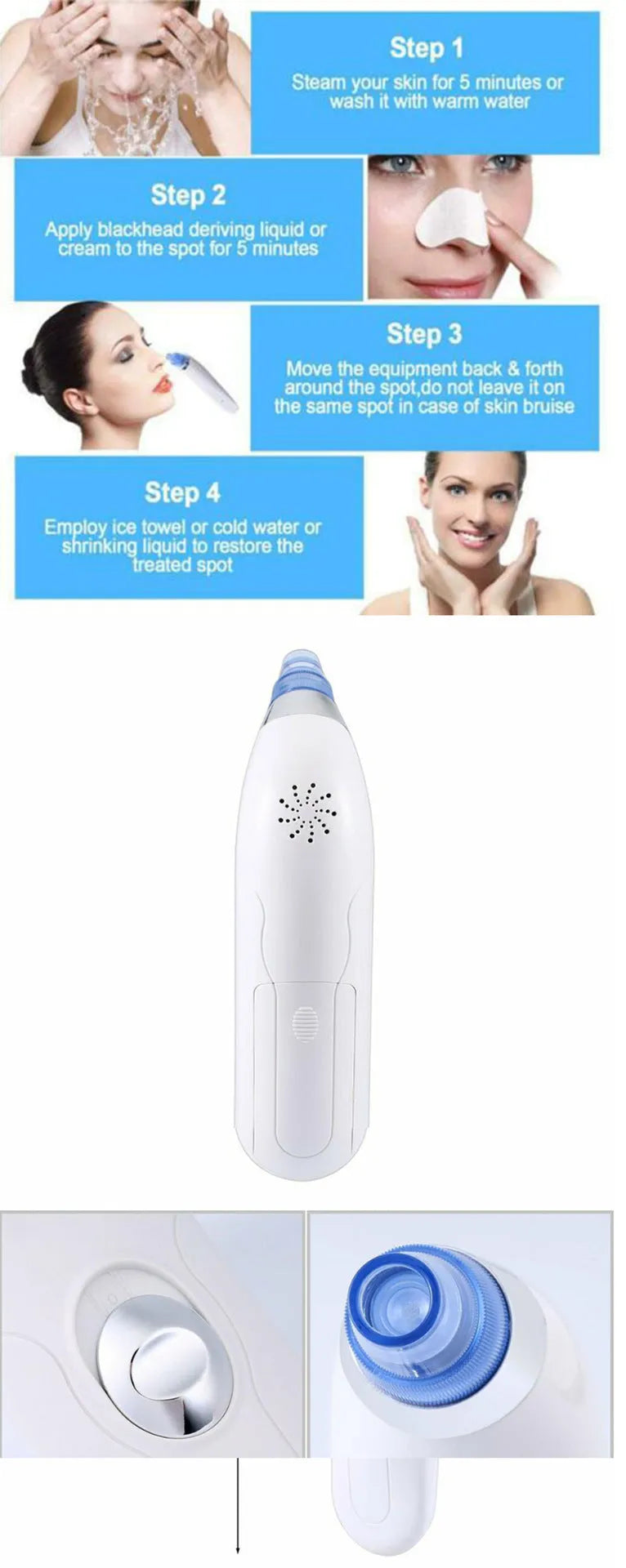 Electric blackhead pore cleaner in white and pink colours showing ultrasonic suction nozzle