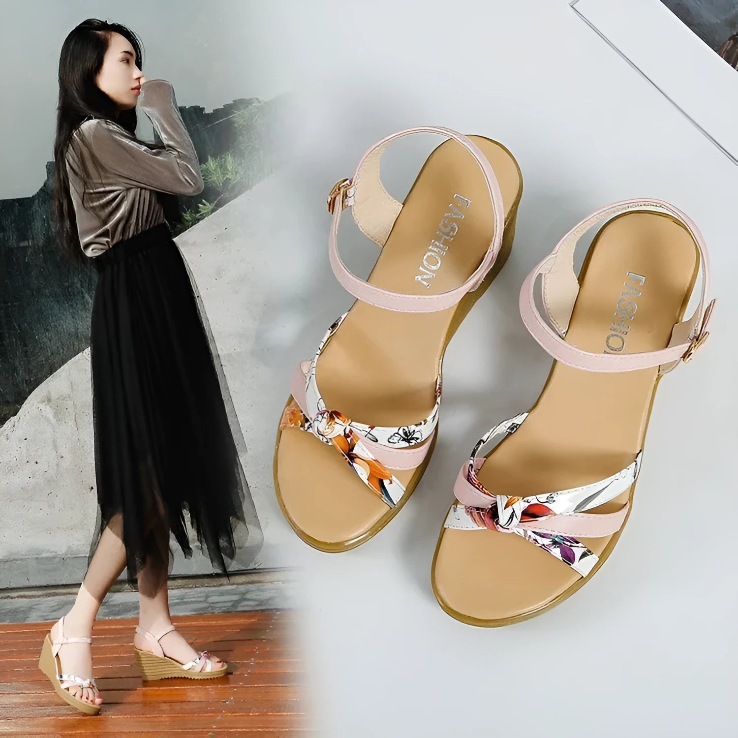 Women's pink wedge sandals with thick heel, fish mouth open toe, and buckle closure