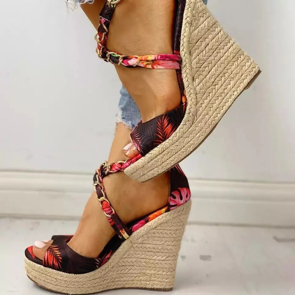Women's plus size wedge heel sandals in Black with buckle closure and fish mouth toe