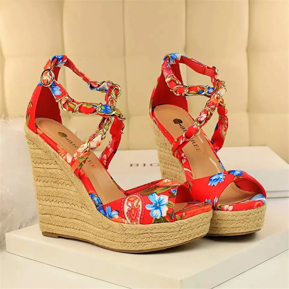 Women's plus size wedge heel sandals in Black with buckle closure and fish mouth toe