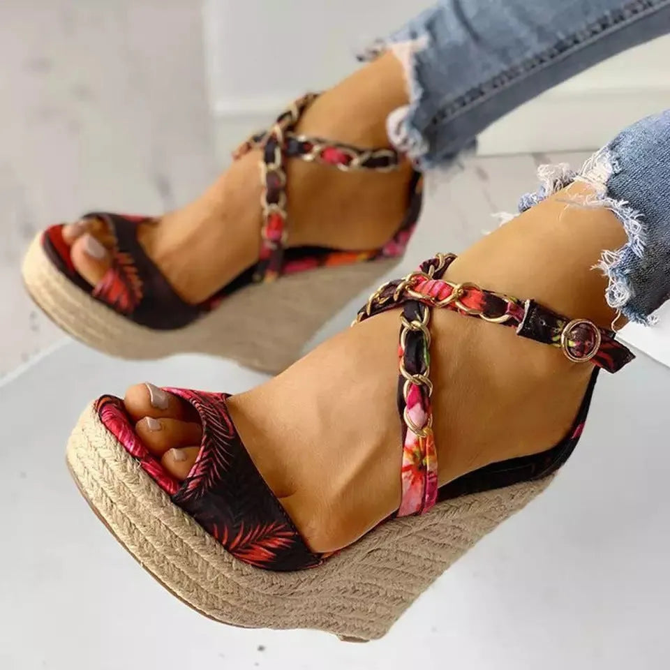 Women's plus size wedge heel sandals in Black with buckle closure and fish mouth toe