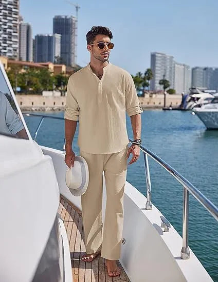 Men's casual cotton suit set in solid colour with long sleeves and trousers