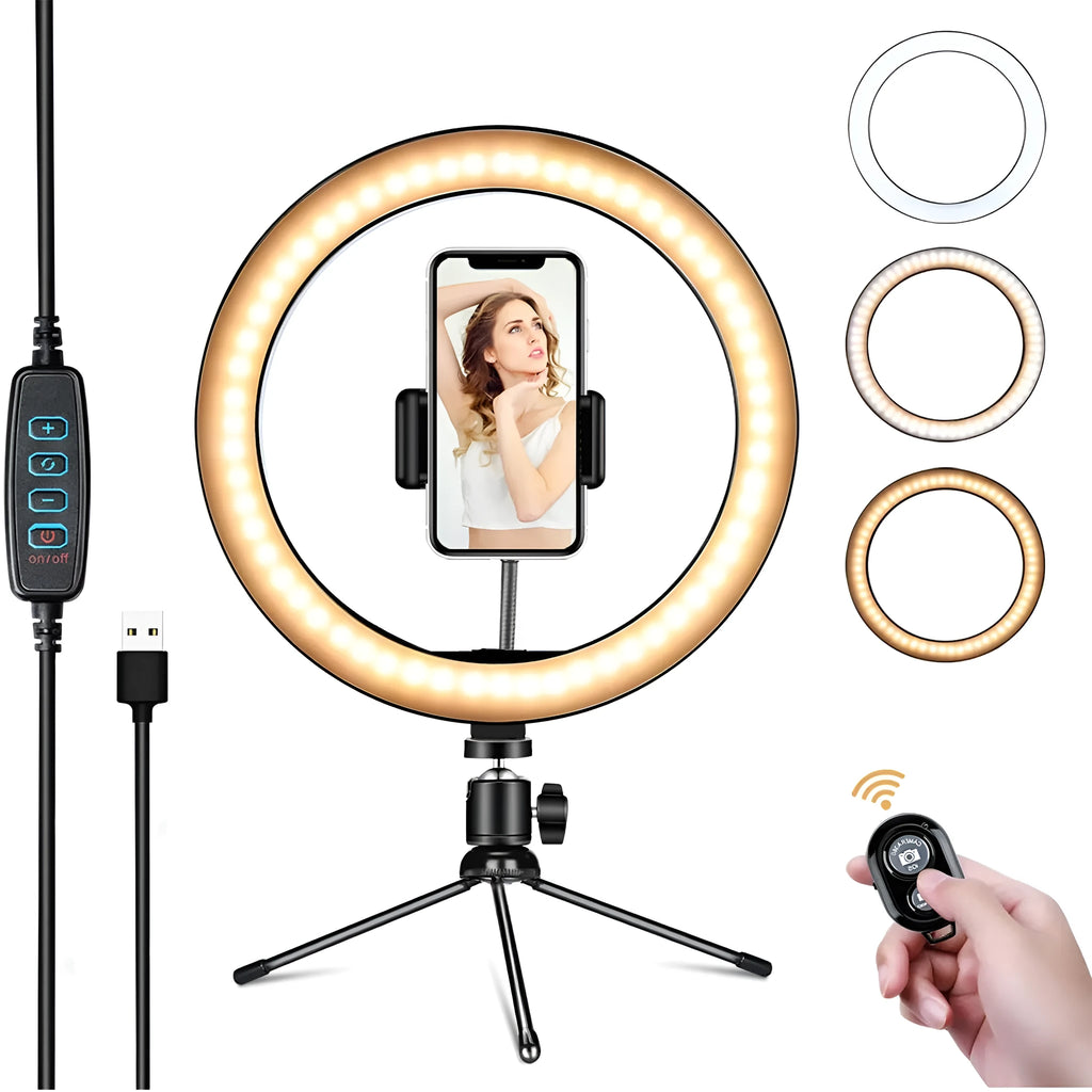 White metal desktop bracket fill light with 26cm arc, desktop tripod, and Bluetooth remote control for mobile phone