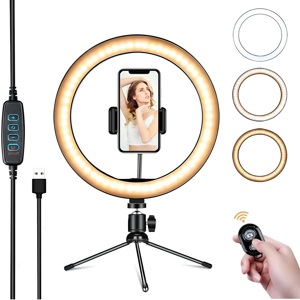 White metal desktop bracket fill light with 26cm arc, desktop tripod, and Bluetooth remote control for mobile phone
