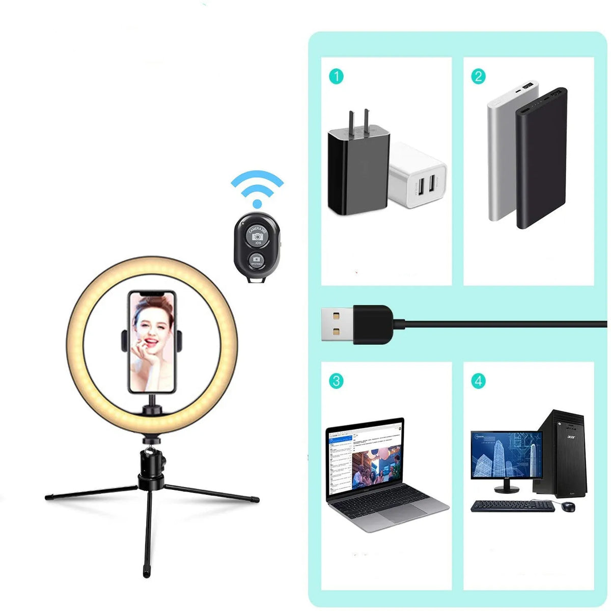 White metal desktop bracket fill light with 26cm arc, desktop tripod, and Bluetooth remote control for mobile phone
