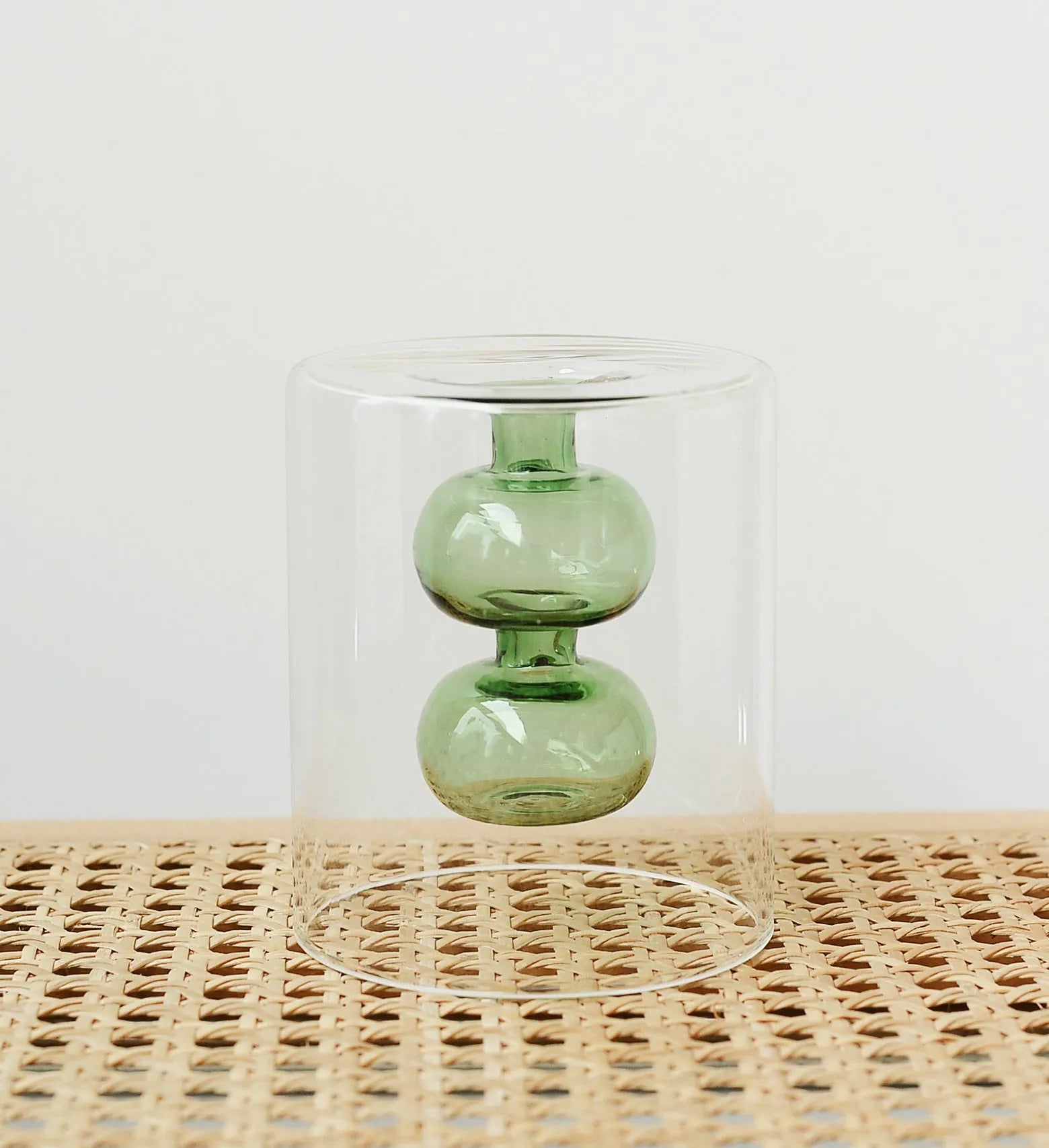 Retro stained glass gourd vase in green with artificial flower, Nordic style