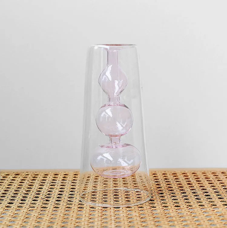 Retro stained glass gourd vase in green with artificial flower, Nordic style