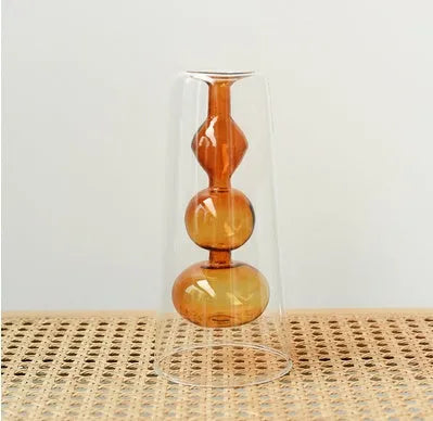 Retro stained glass gourd vase in green with artificial flower, Nordic style