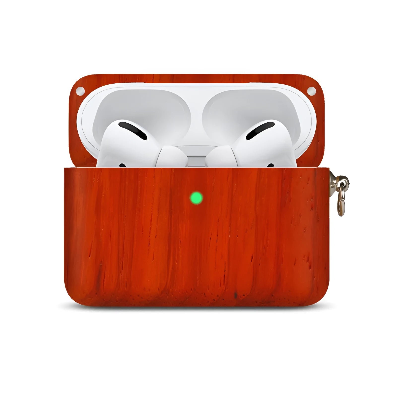Bluetooth wireless earphones with a solid wood hard shell case and separate sleeve, compatible with Apple iPhones.