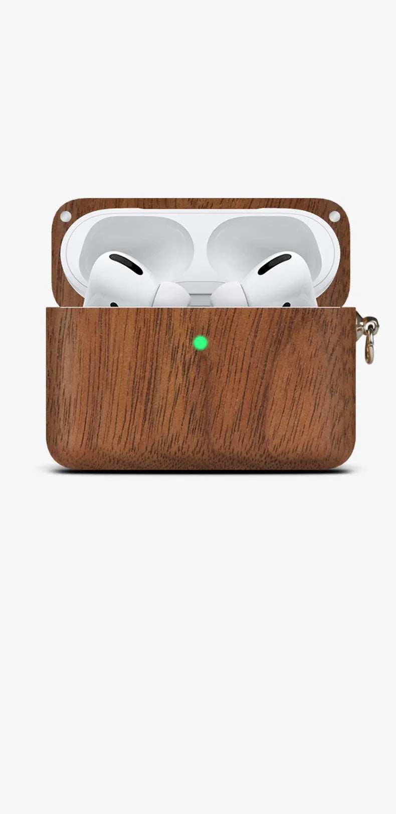 Bluetooth wireless earphones with a solid wood hard shell case and separate sleeve, compatible with Apple iPhones.