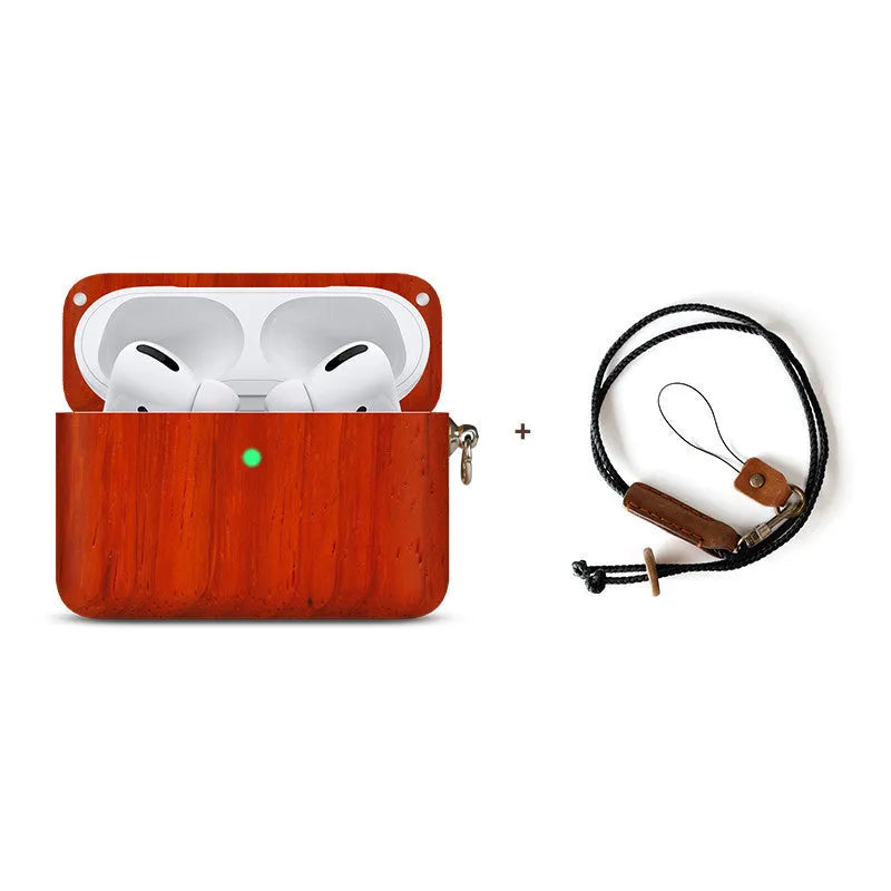 Bluetooth wireless earphones with a solid wood hard shell case and separate sleeve, compatible with Apple iPhones.
