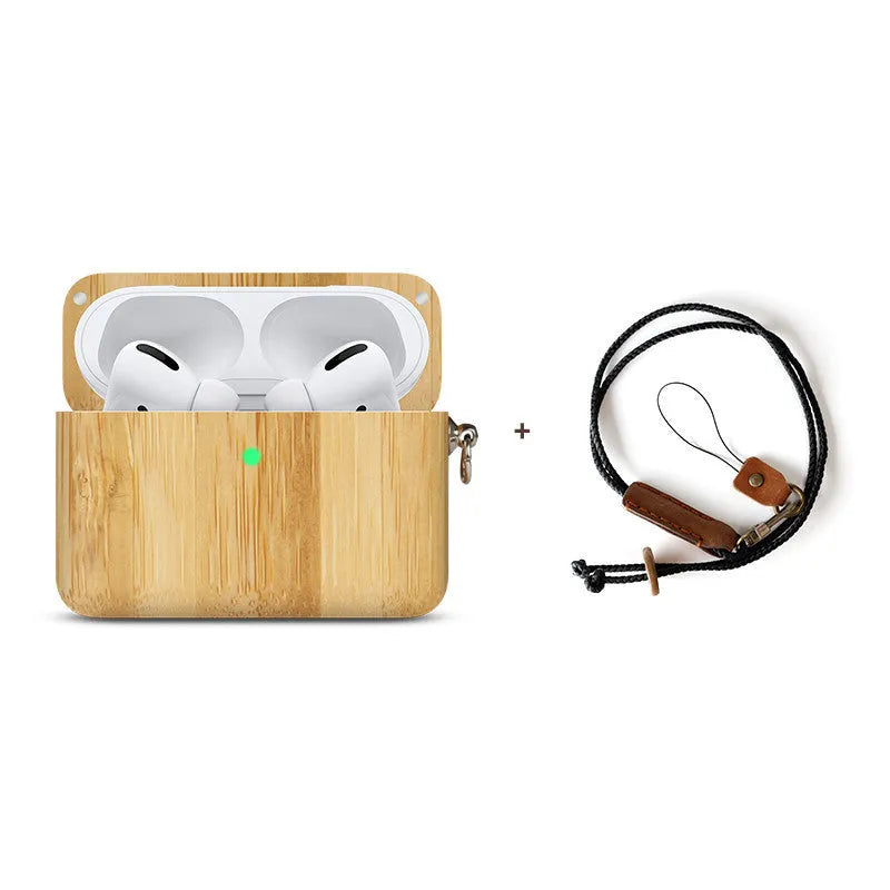 Bluetooth wireless earphones with a solid wood hard shell case and separate sleeve, compatible with Apple iPhones.