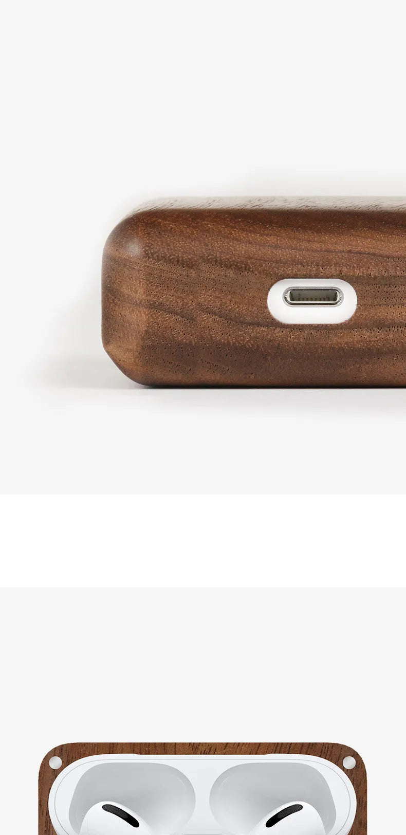 Bluetooth wireless earphones with a solid wood hard shell case and separate sleeve, compatible with Apple iPhones.