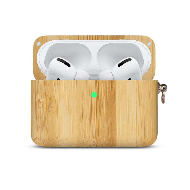 Bluetooth wireless earphones with a solid wood hard shell case and separate sleeve, compatible with Apple iPhones.