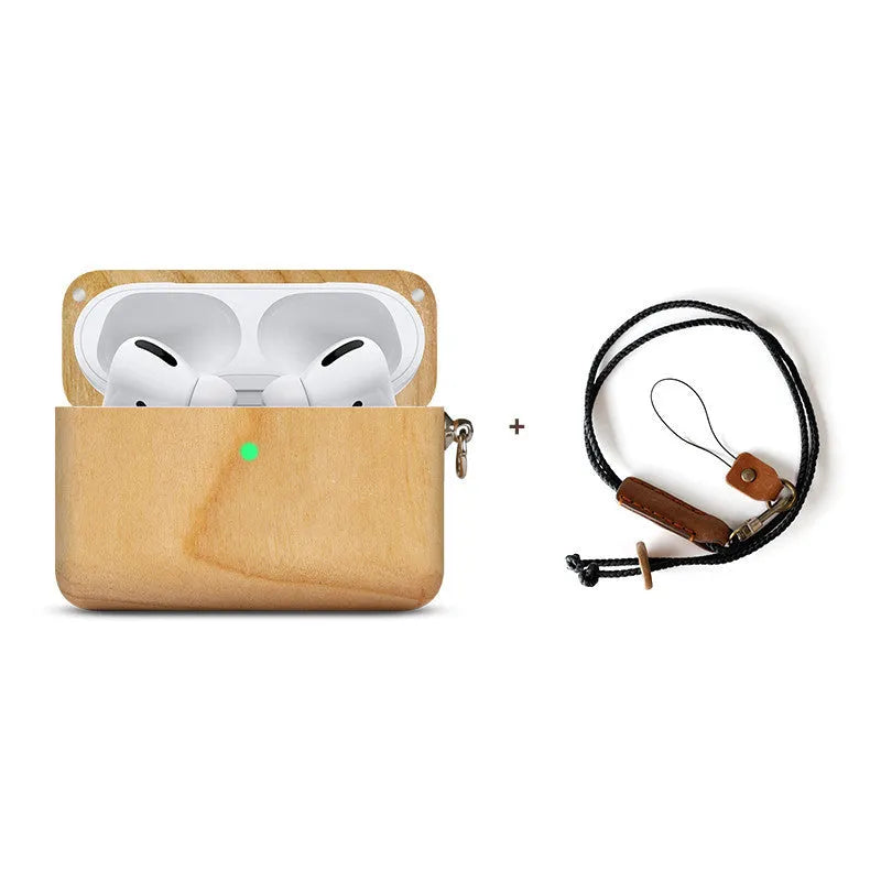 Bluetooth wireless earphones with a solid wood hard shell case and separate sleeve, compatible with Apple iPhones.