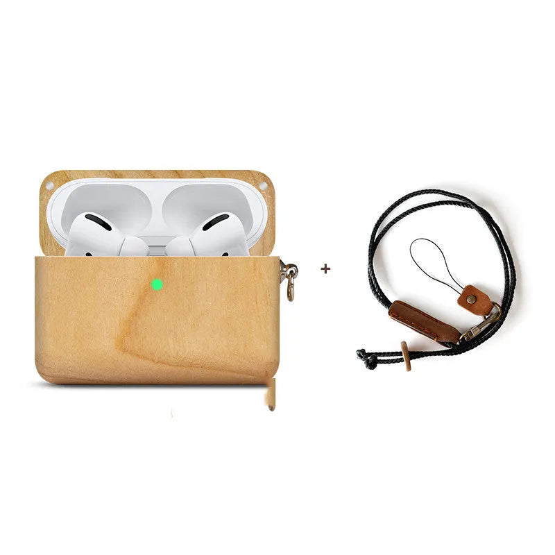 Bluetooth wireless earphones with a solid wood hard shell case and separate sleeve, compatible with Apple iPhones.