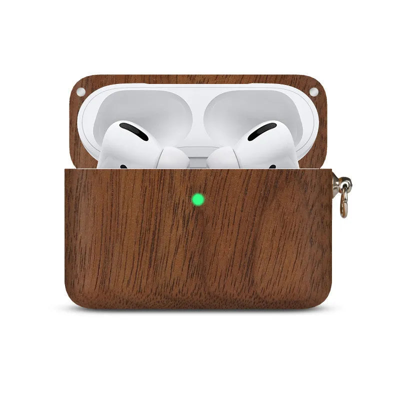 Bluetooth wireless earphones with a solid wood hard shell case and separate sleeve, compatible with Apple iPhones.