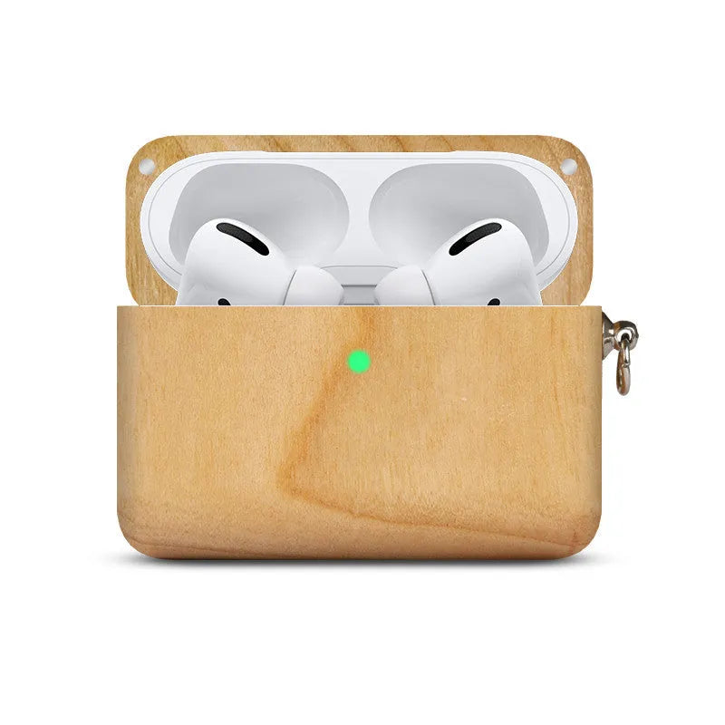 Bluetooth wireless earphones with a solid wood hard shell case and separate sleeve, compatible with Apple iPhones.
