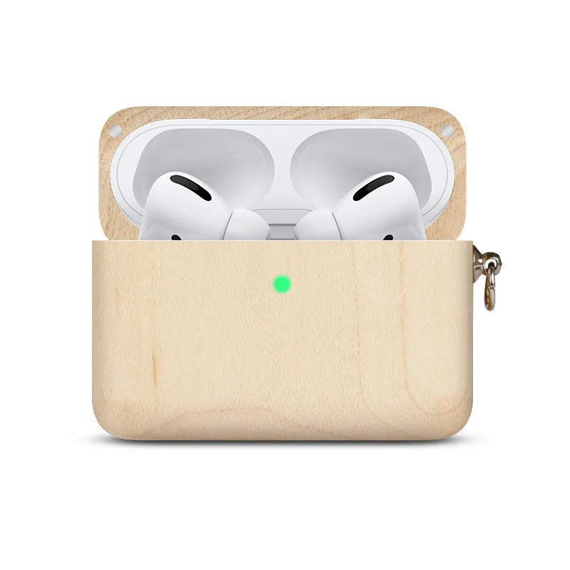 Bluetooth wireless earphones with a solid wood hard shell case and separate sleeve, compatible with Apple iPhones.