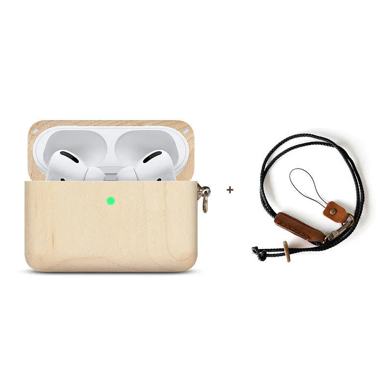 Bluetooth wireless earphones with a solid wood hard shell case and separate sleeve, compatible with Apple iPhones.