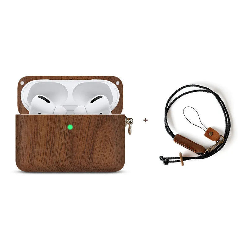 Bluetooth wireless earphones with a solid wood hard shell case and separate sleeve, compatible with Apple iPhones.