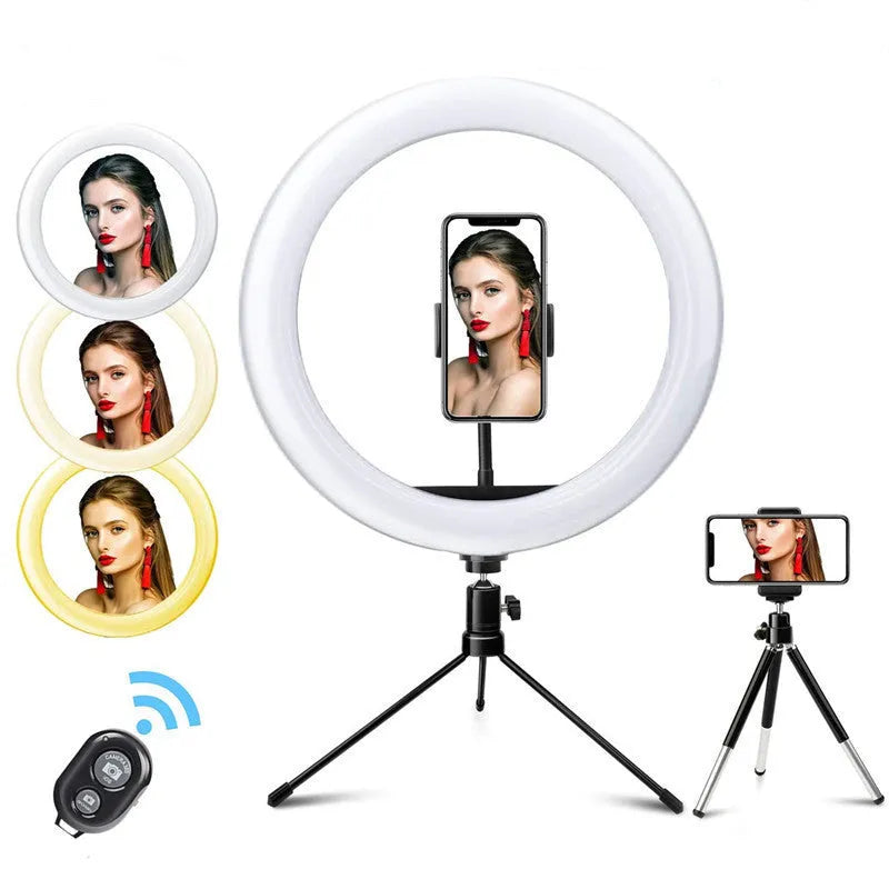 White metal desktop bracket fill light with 26cm arc, desktop tripod, and Bluetooth remote control for mobile phone