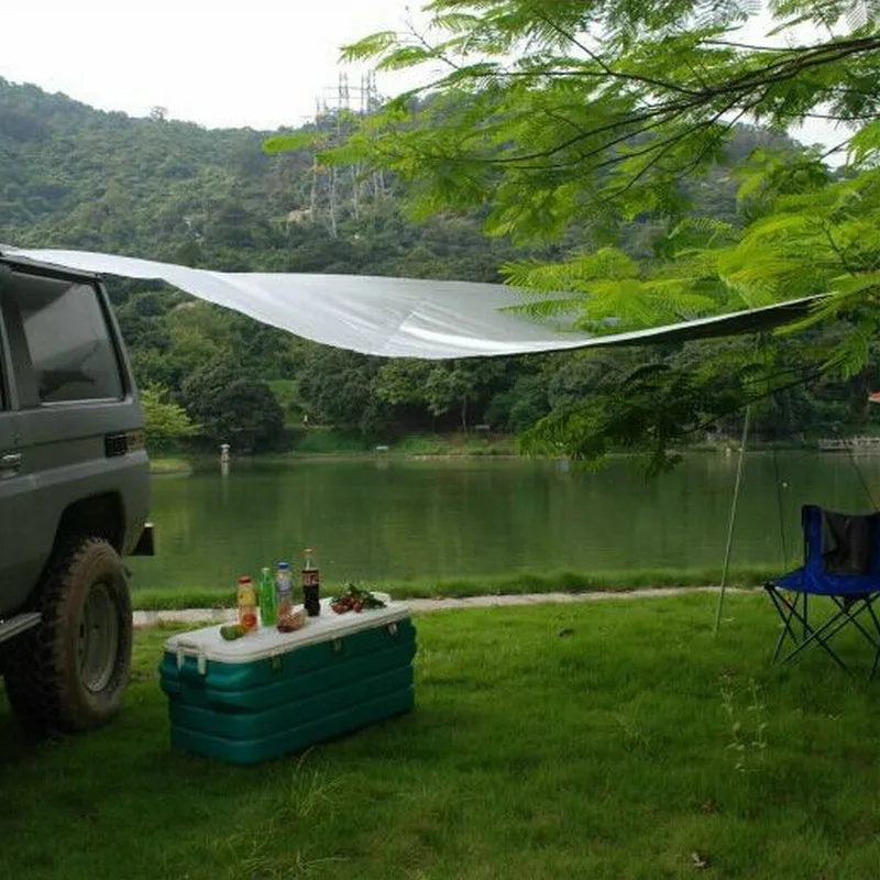 Green car side awning, 2.8m x 1.8m, 1.2kg, with aluminium pole frame and double tent structure