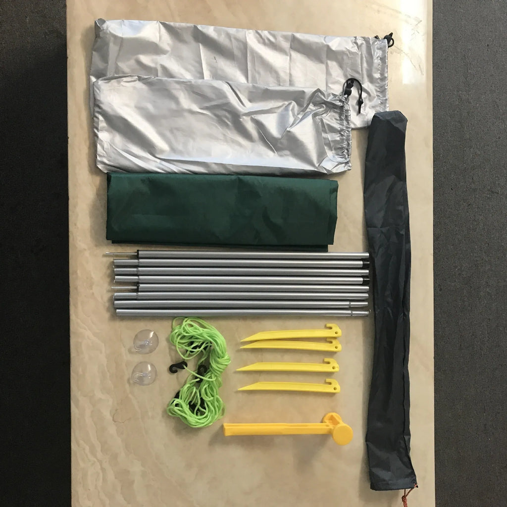 Green car side awning, 2.8m x 1.8m, 1.2kg, with aluminium pole frame and double tent structure