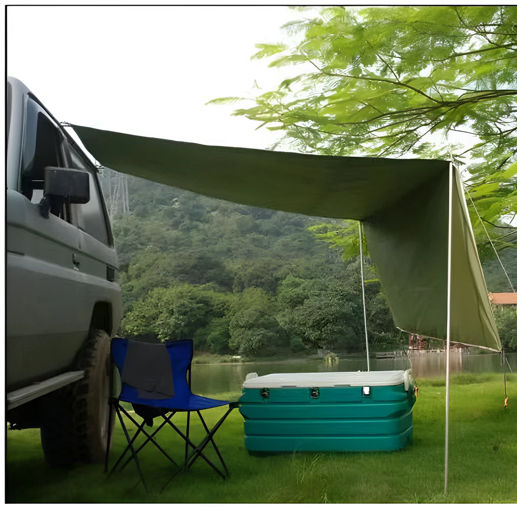 Green car side awning, 2.8m x 1.8m, 1.2kg, with aluminium pole frame and double tent structure