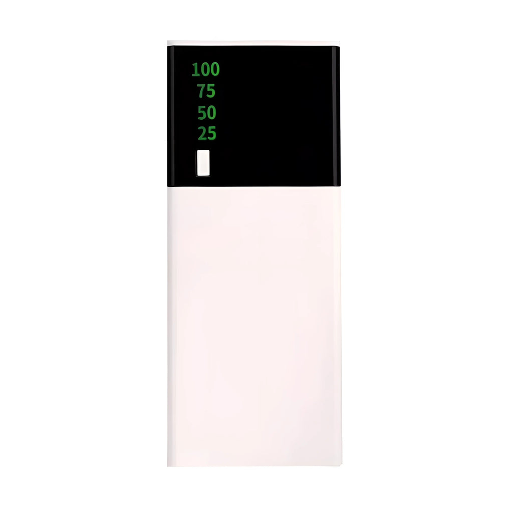 20000mAh black power bank with aluminium shell construction showing charging port and dimensions