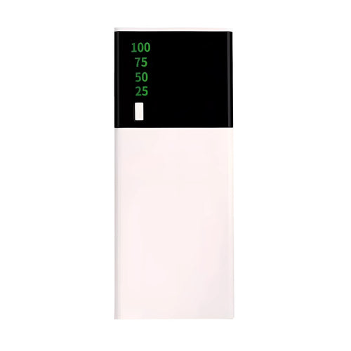 20000mAh black power bank with aluminium shell construction showing charging port and dimensions