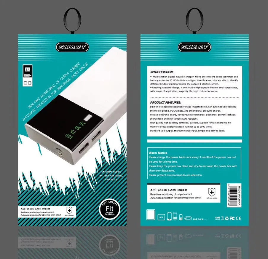 20000mAh black power bank with aluminium shell construction showing charging port and dimensions