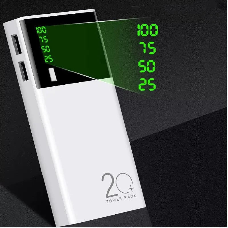 20000mAh black power bank with aluminium shell construction showing charging port and dimensions