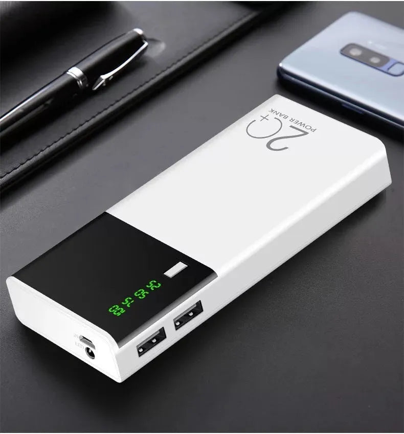20000mAh black power bank with aluminium shell construction showing charging port and dimensions