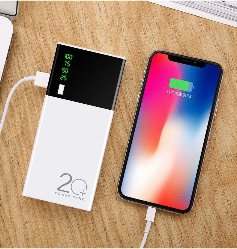 20000mAh black power bank with aluminium shell construction showing charging port and dimensions