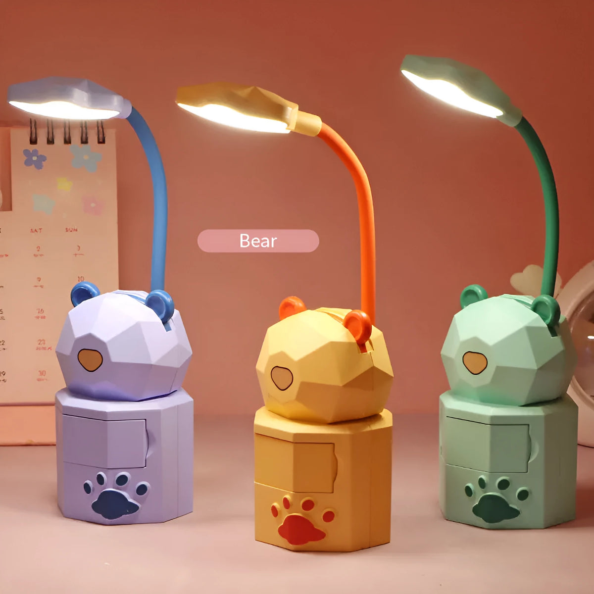 Animal LED table lamp with phone holder and storage, USB powered, ABS shade, 6x6x25.5cm, cute bear design