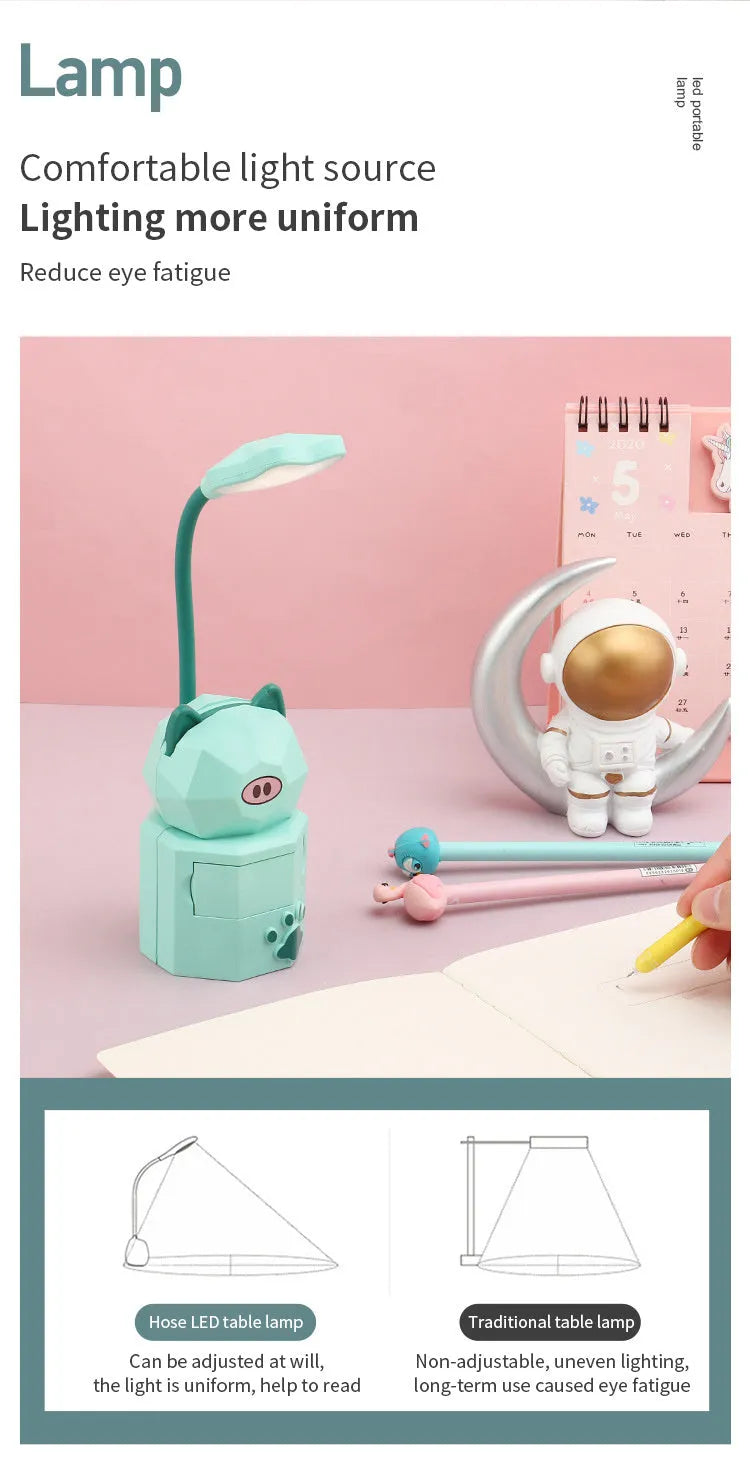 Animal LED table lamp with phone holder and storage, USB powered, ABS shade, 6x6x25.5cm, cute bear design