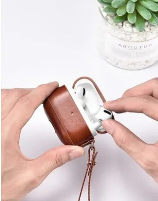 Genuine black leather protective cover for AirPods Pro charging case with anti-lost lanyard attached