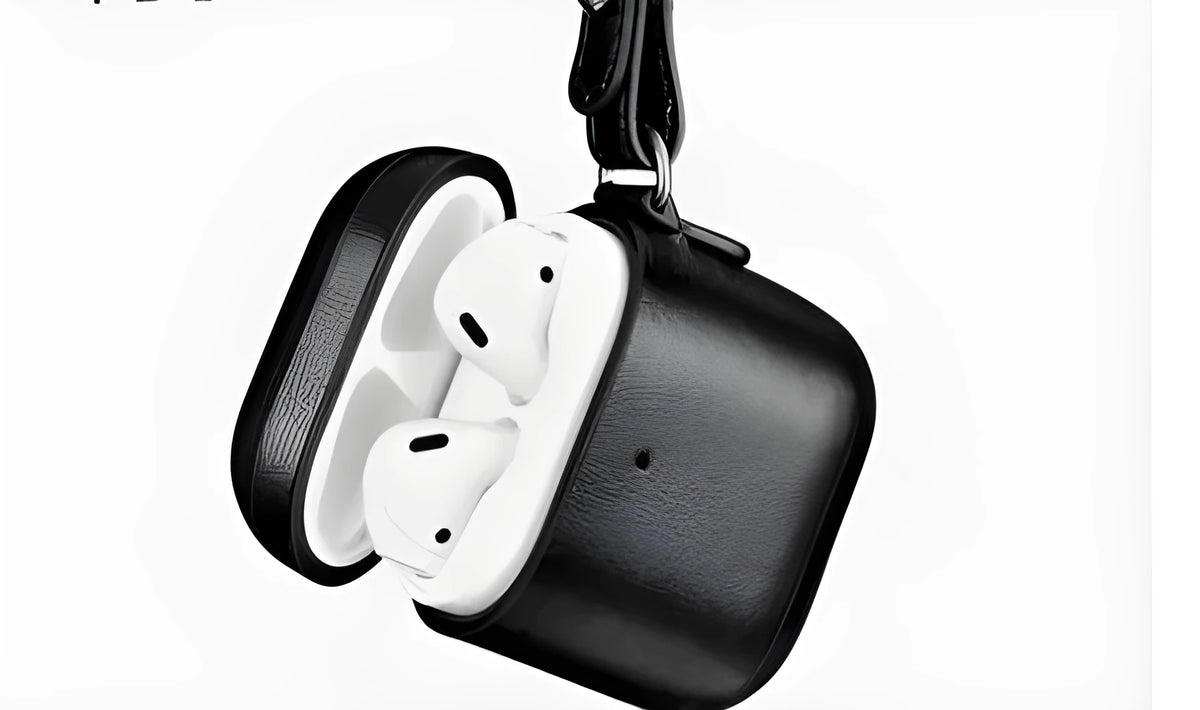Genuine black leather protective cover for AirPods Pro charging case with anti-lost lanyard attached