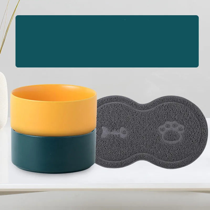 Ceramic cat and dog food bowl with bamboo accent set on a kitchen floor, available in 13cm, 16cm, and 21cm sizes