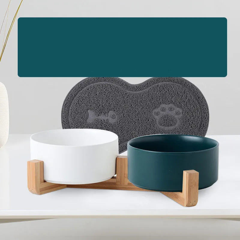 Ceramic cat and dog food bowl with bamboo accent set on a kitchen floor, available in 13cm, 16cm, and 21cm sizes