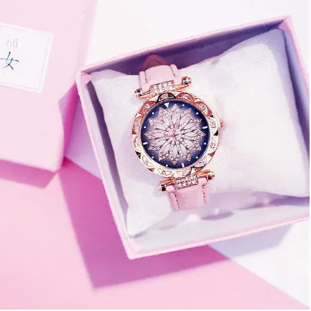 Fashion ladies watch with full diamond dial showing round 32mm face in available colour options