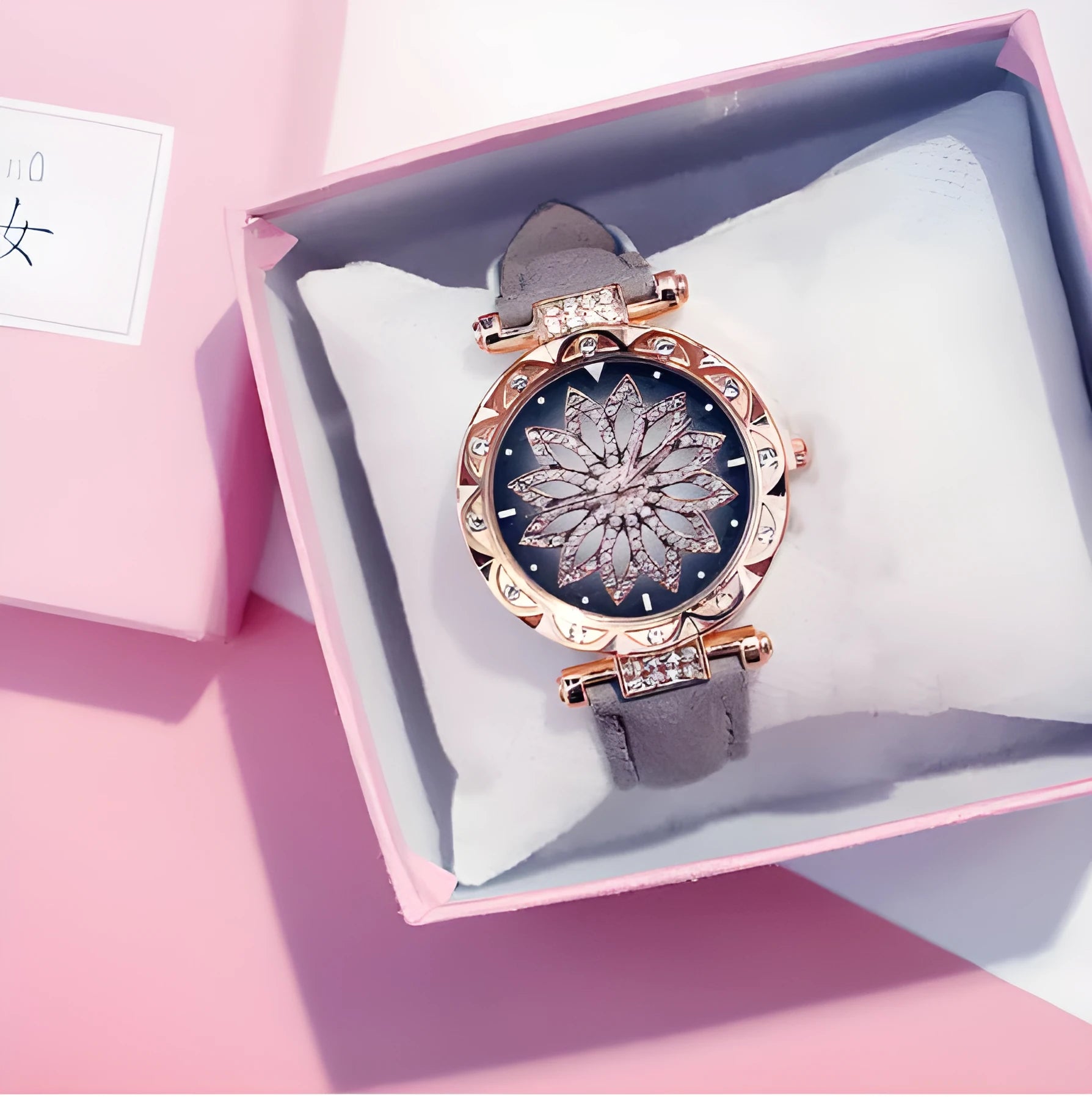 Fashion ladies watch with full diamond dial showing round 32mm face in available colour options