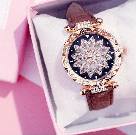 Fashion ladies watch with full diamond dial showing round 32mm face in available colour options