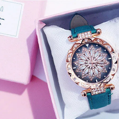 Fashion ladies watch with full diamond dial showing round 32mm face in available colour options