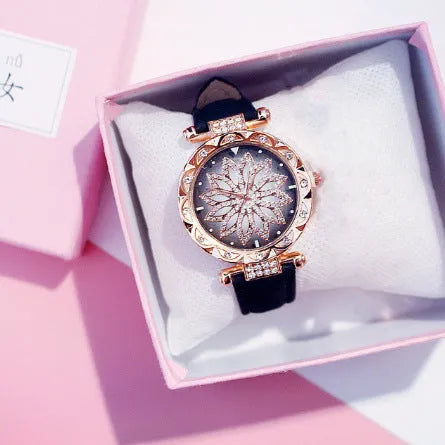 Fashion ladies watch with full diamond dial showing round 32mm face in available colour options