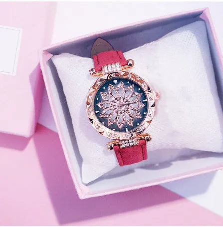 Fashion ladies watch with full diamond dial showing round 32mm face in available colour options