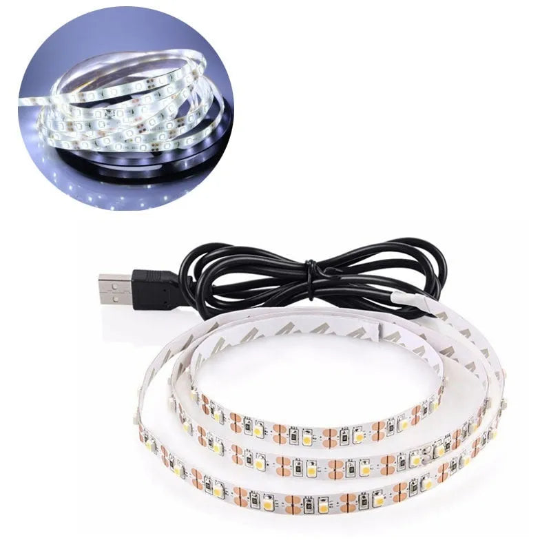 1 metre USB LED light strip showing white, blue, warm white, red, polychromatic, and green colour options