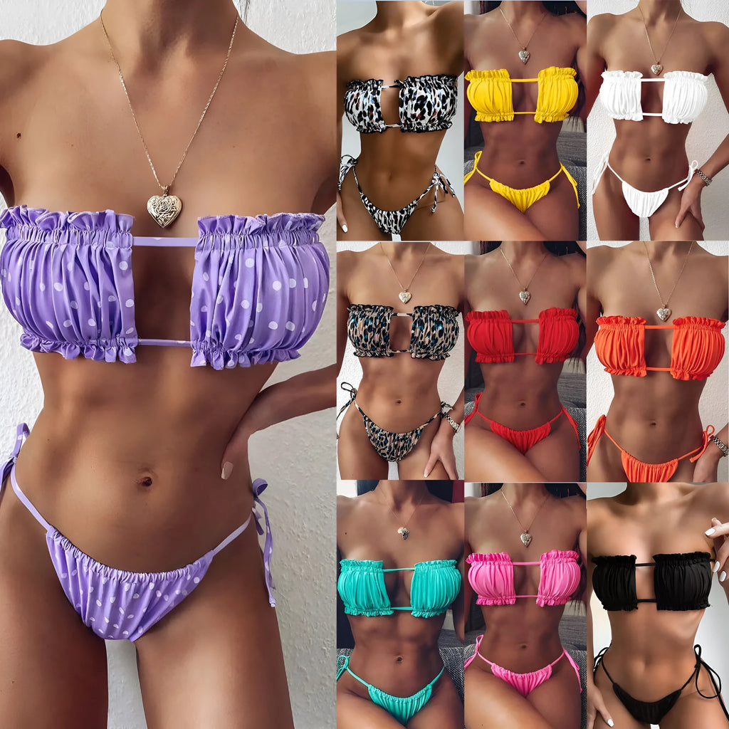 Multicolour pleated hollow bikini swimsuit with chest pad, open back, polyester nylon blend, sizes S M L